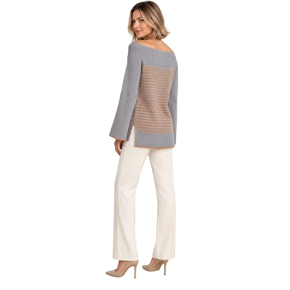 J.Crew NWT Gray Camel Stripe Off Shoulder Sweater M Bell Sleeve Side Slit